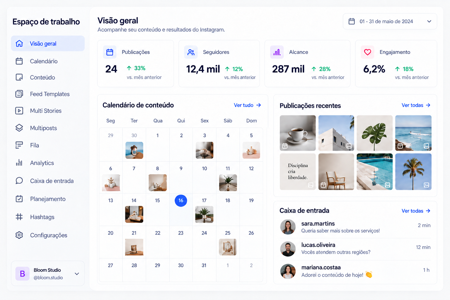 Painel ilustrativo com calendário, publicações, métricas e mensagens